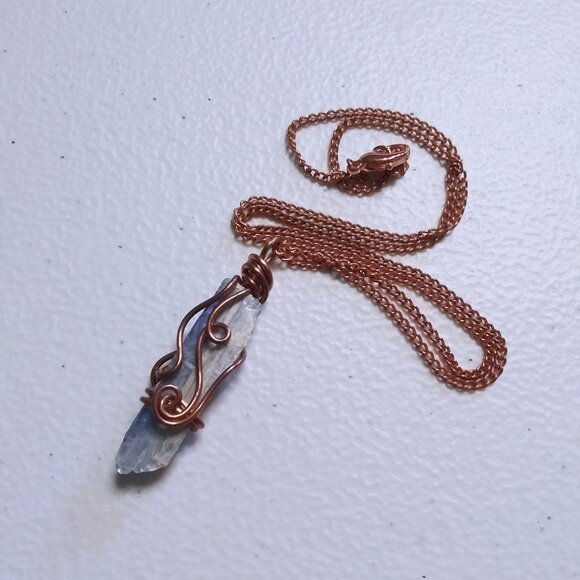 Raw Kyanite Necklace | Copper Wire Wrapped | Reversible + 2-Sided Stone Pendant - Picture 5 of 12